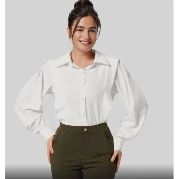 Halara Collared Button Long Sleeve Casual Shirt Sz XS Womens White Work Blouse - Picture 10 of 10
